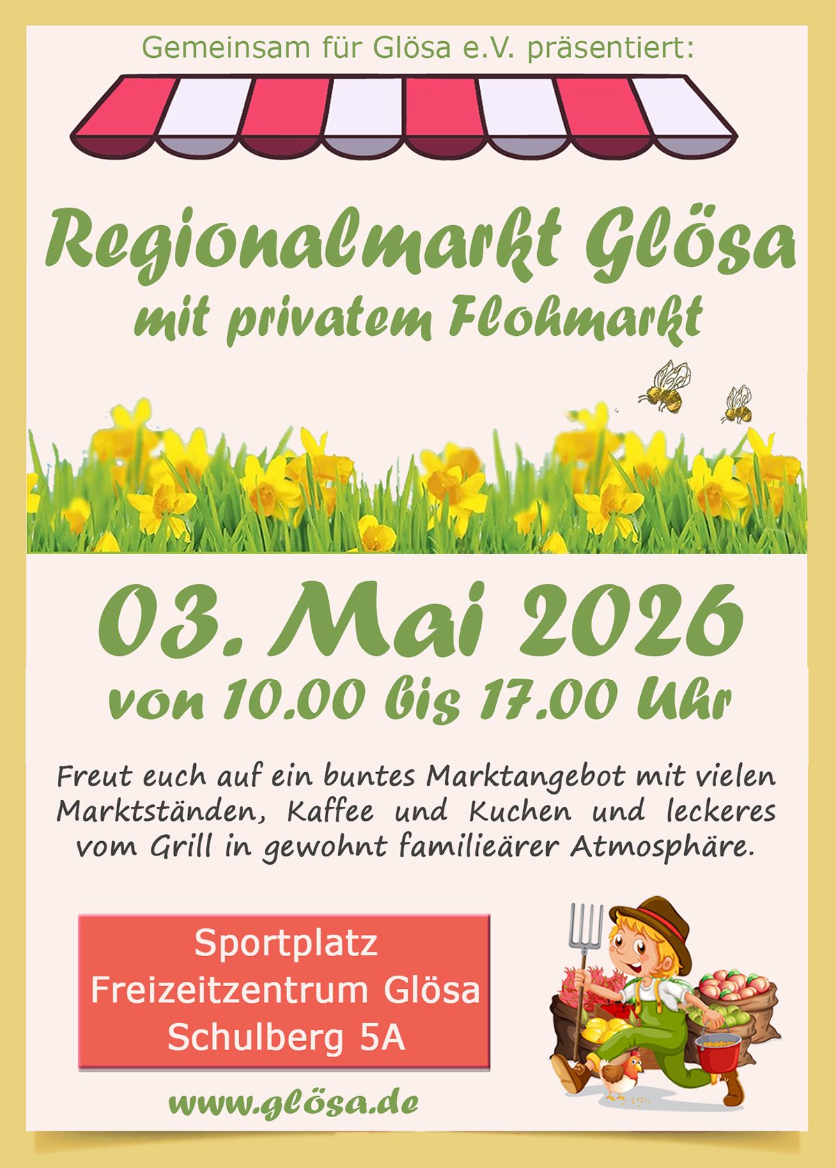 Regionalmarkt Glösa, 03. Mai 2026, Infos zu Markt und Flohmarkt, fröhliche Frühlingsumgebung.