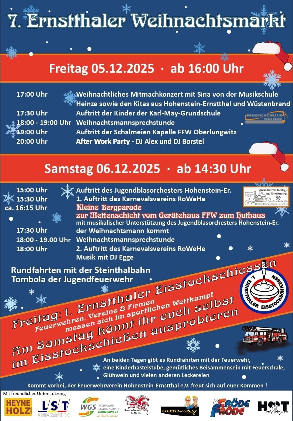 Weihnachtsmarkt-Ankündigung mit Datum, Uhrzeiten und Veranstaltungsdetails.